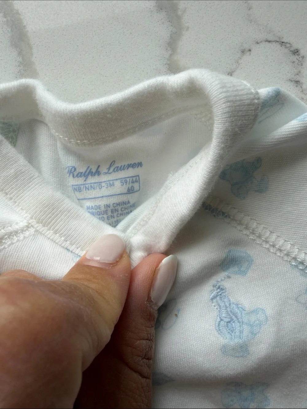 Ralph Lauren White Baby Romper with Light Blue Print